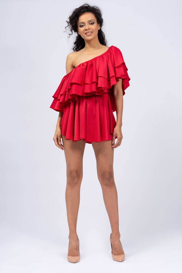 Red Off-The-Shoulder Jumpsuit with Ruffles