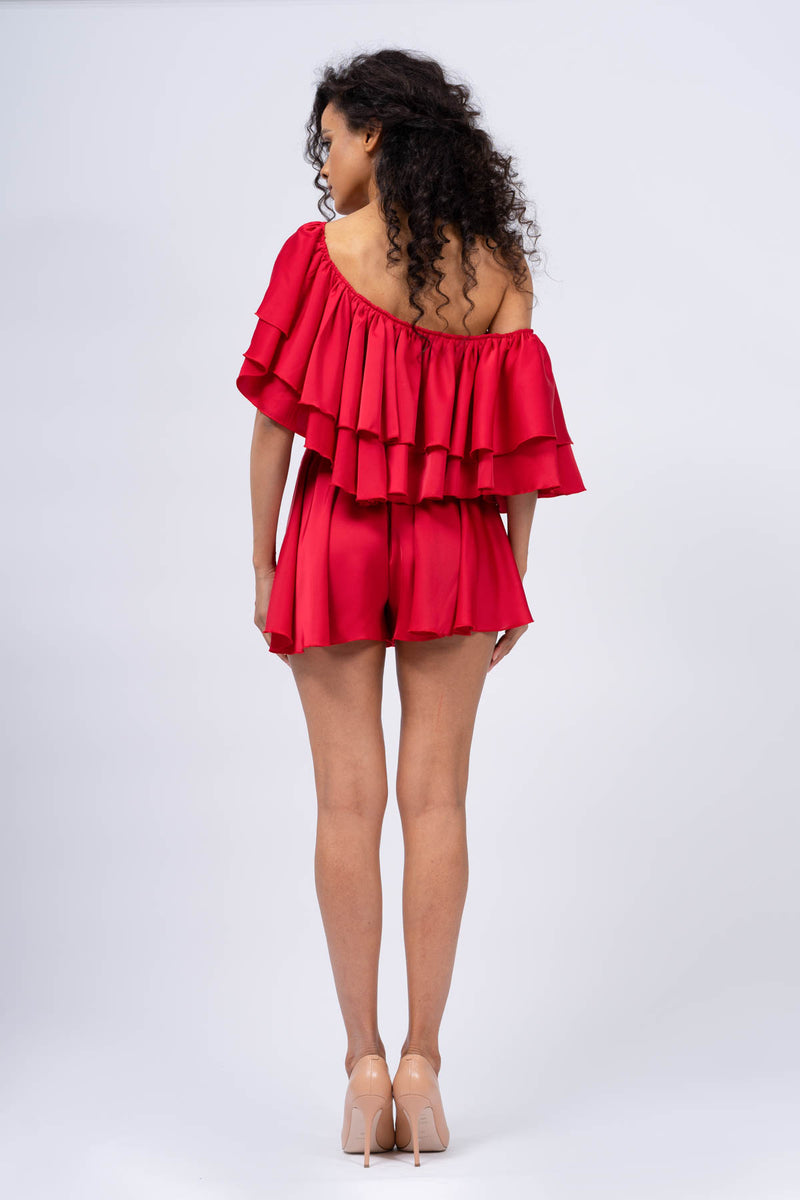 Red Off-The-Shoulder Jumpsuit with Ruffles