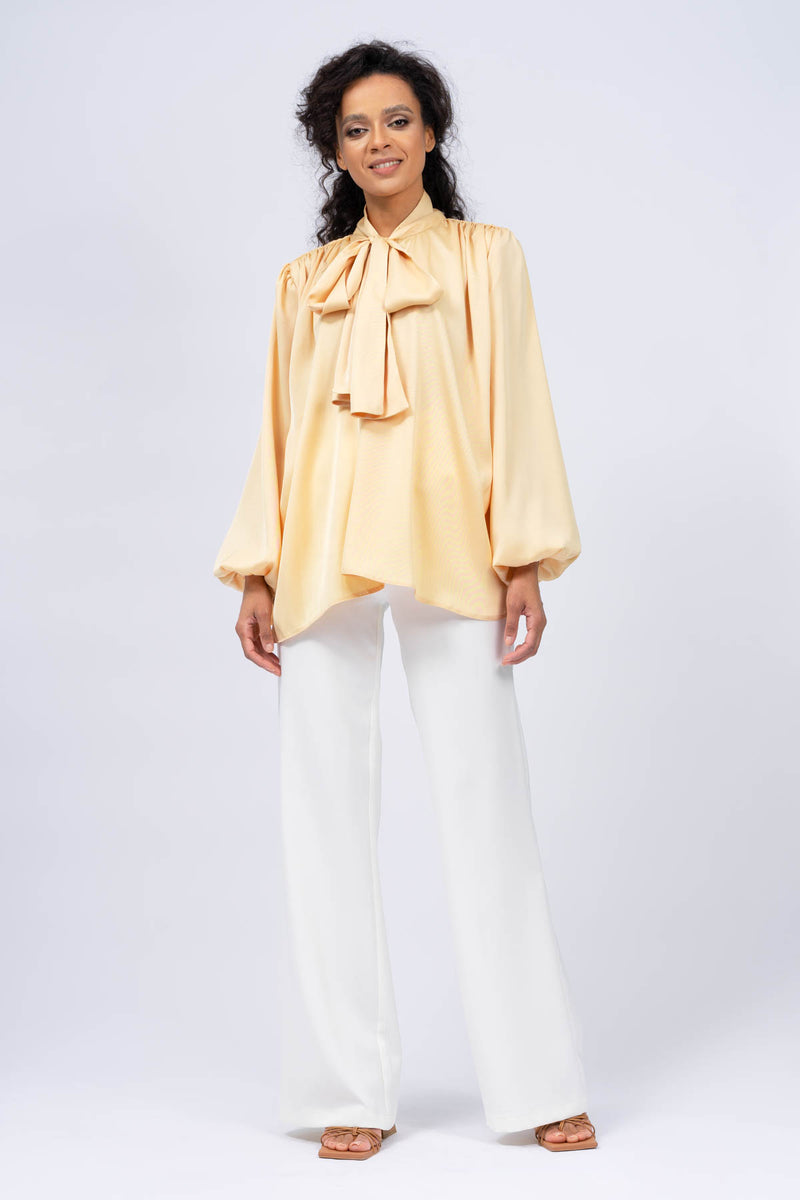 Blouse with Draped Shoulders & Neck Bow Ribbon