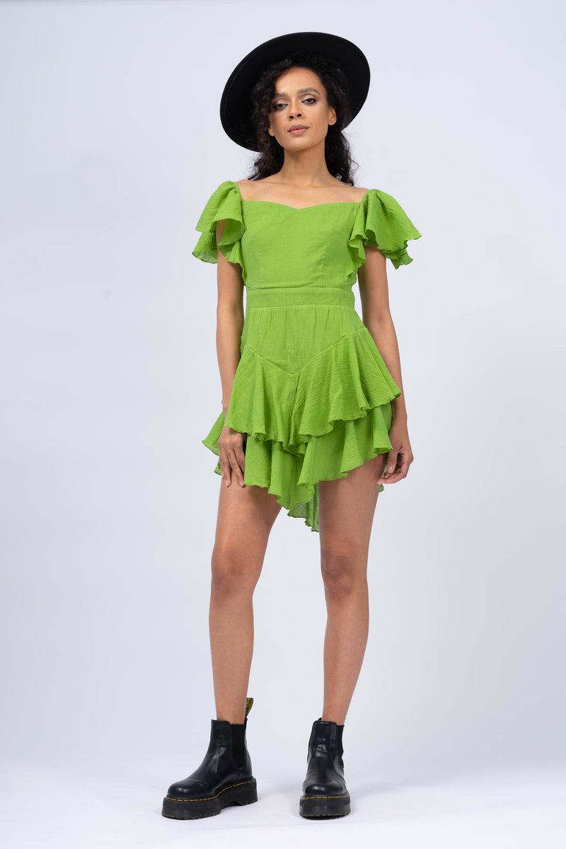 Neon Green Off-The-Shoulders Cambered Dress