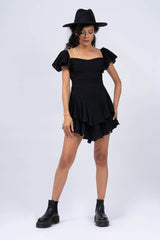 Black Off-The-Shoulders Cambered Dress with Ruffles