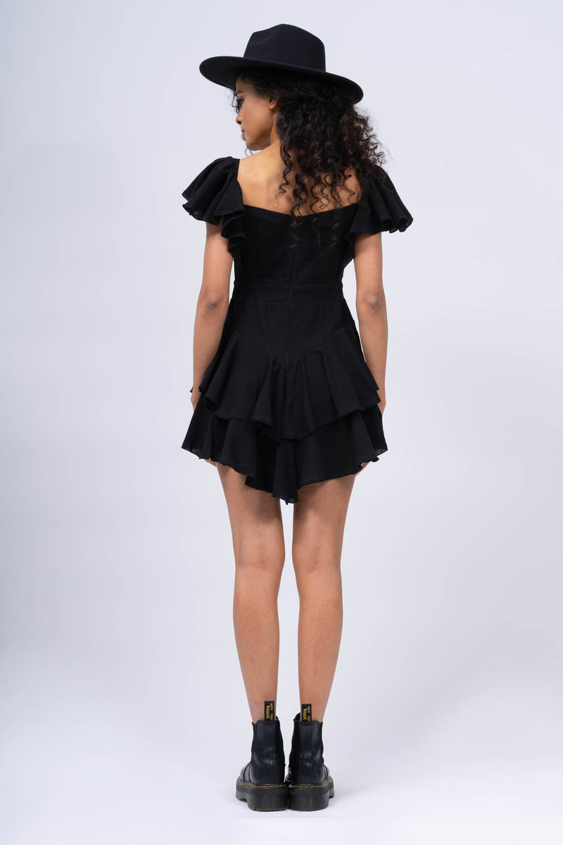 Black Off-The-Shoulders Cambered Dress with Ruffles
