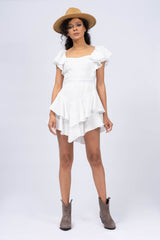 White Off-The-Shoulders Cambered Dress with Ruffles