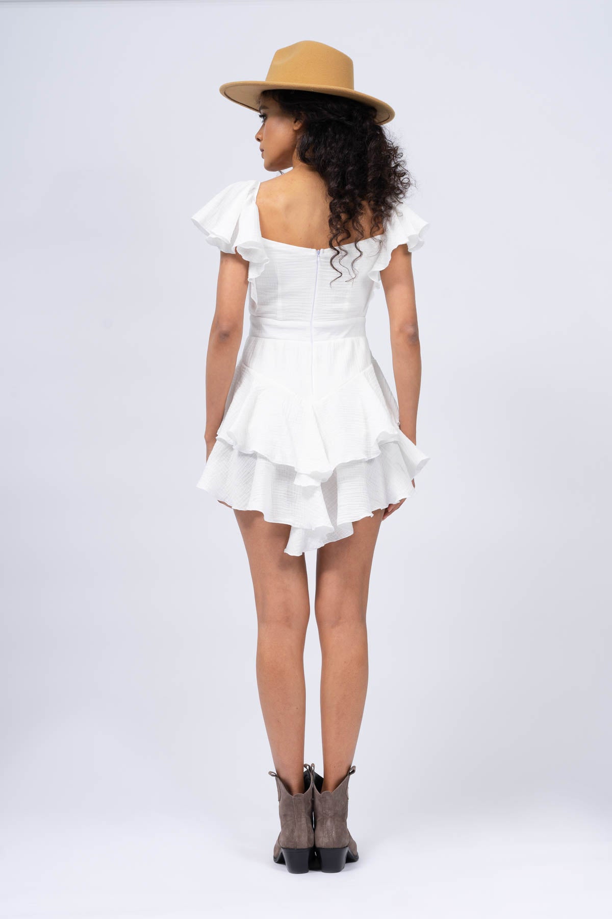 White Off-The-Shoulders Cambered Dress with Ruffles