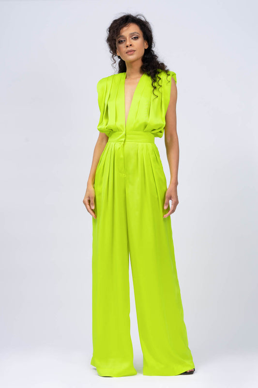 Neon Green Draped Maxi Jumpsuit