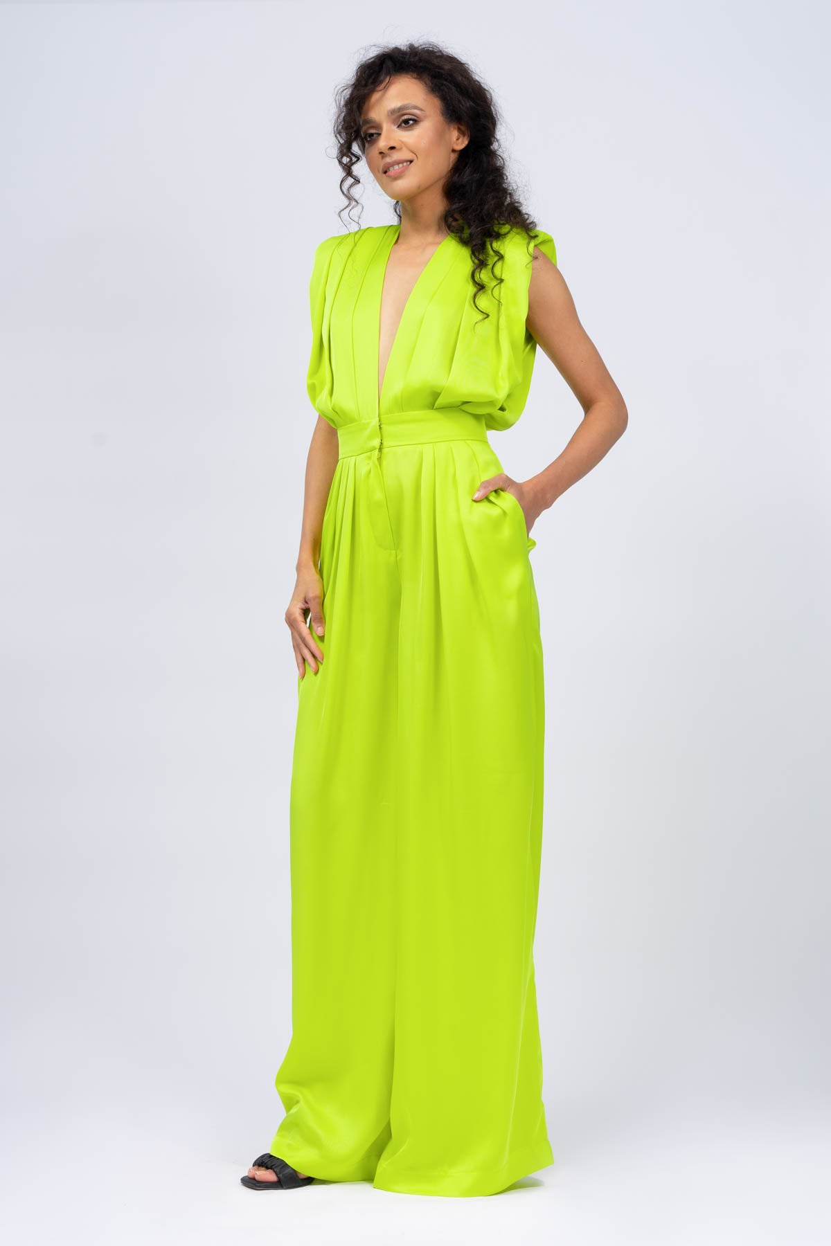 Neon Green Draped Maxi Jumpsuit