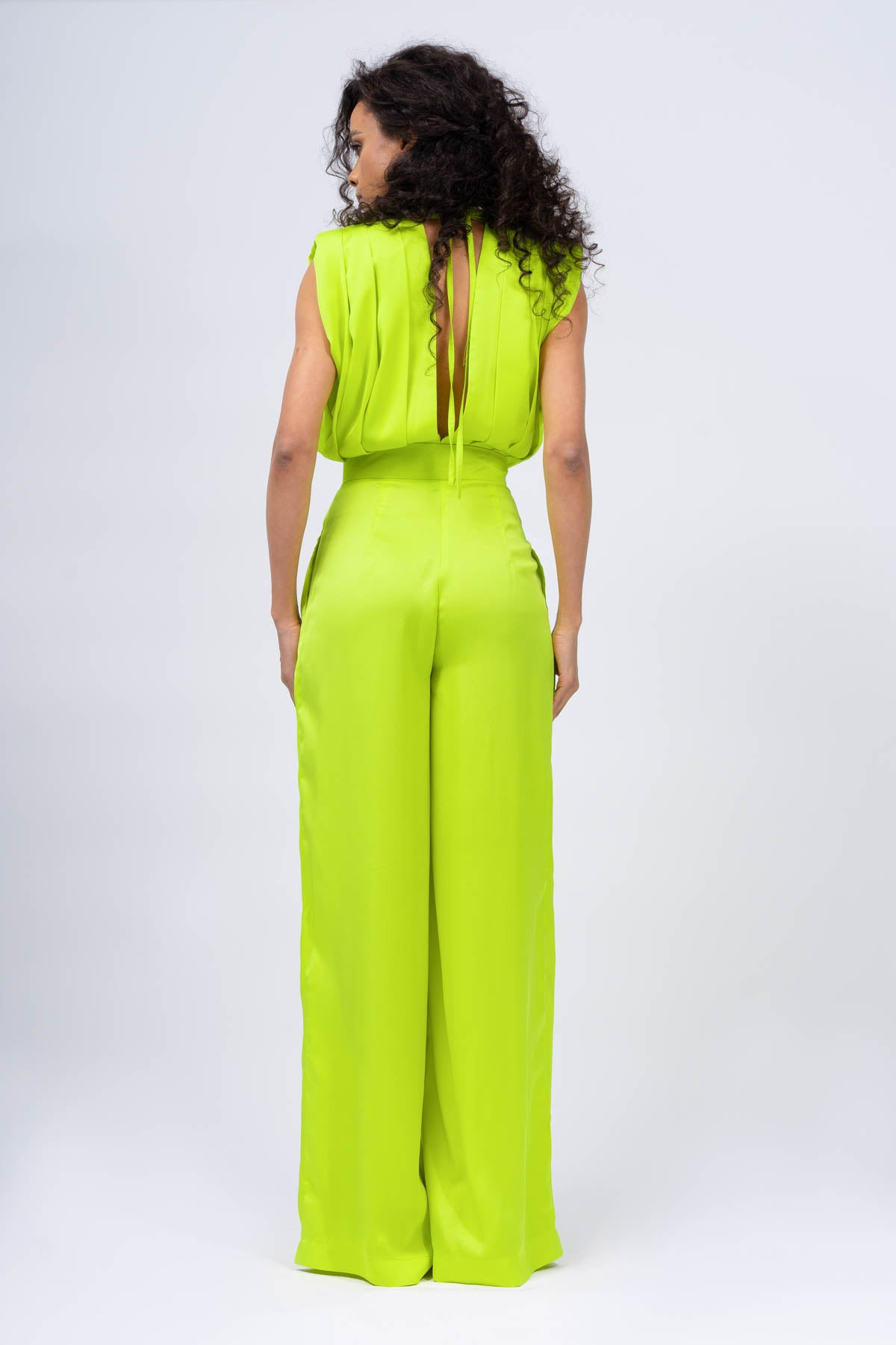 Salopeta maxi verde neon cu bust drapat