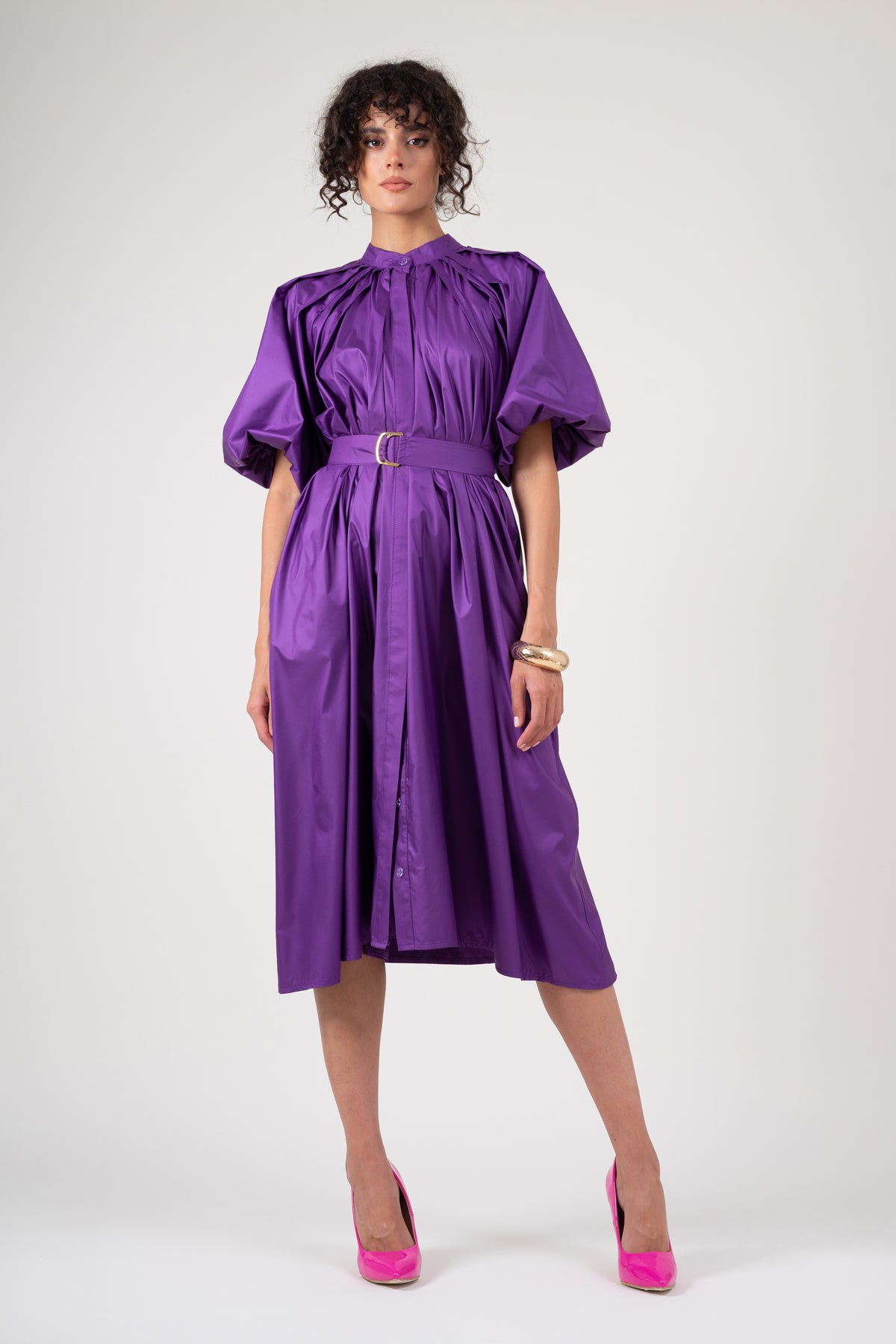 Deep purple dress with raglan sleeve and pleats