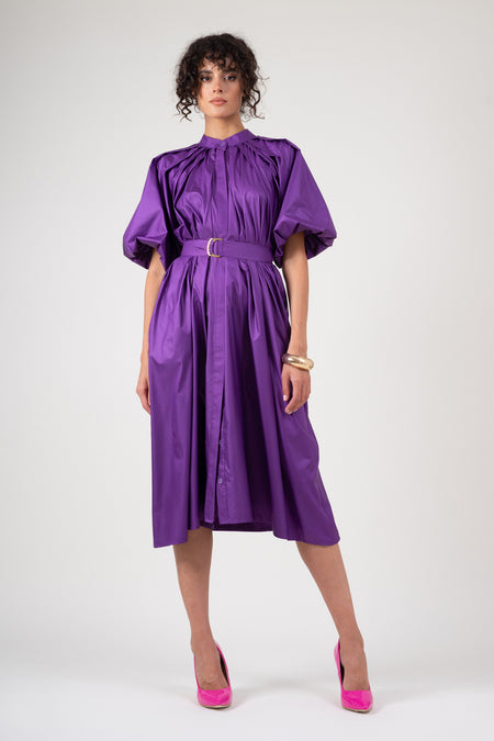 Deep purple dress with raglan sleeve and pleats
