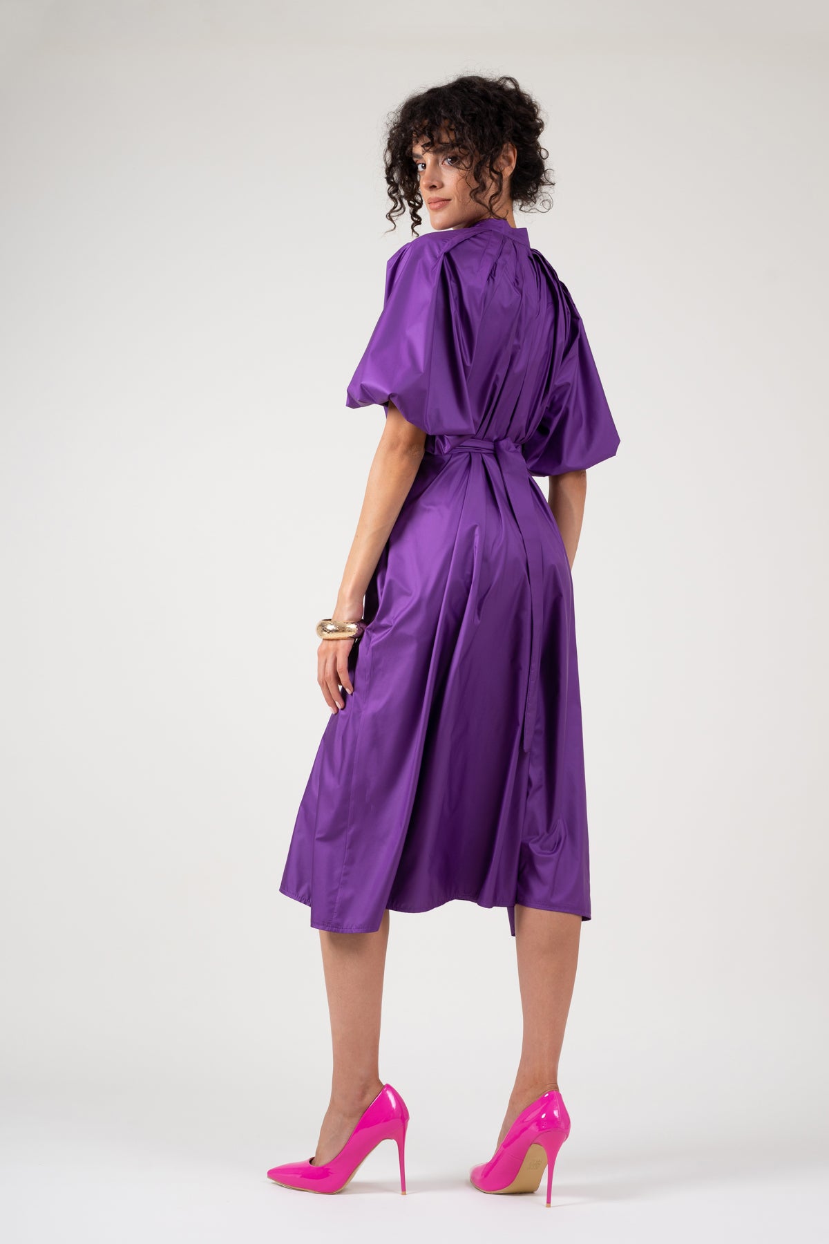 Deep purple dress with raglan sleeve and pleats