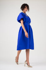 Electric blue dress with raglan sleeve and pleats