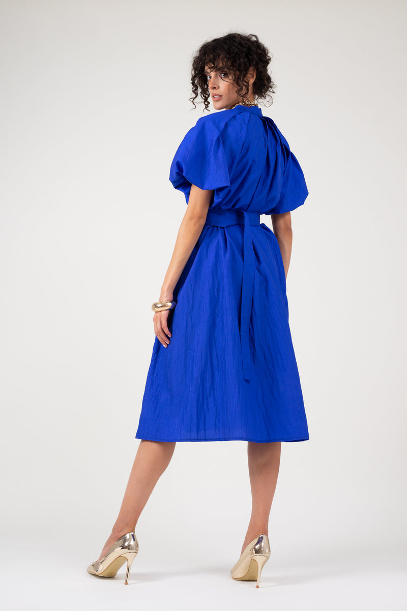 Electric blue dress with raglan sleeve and pleats