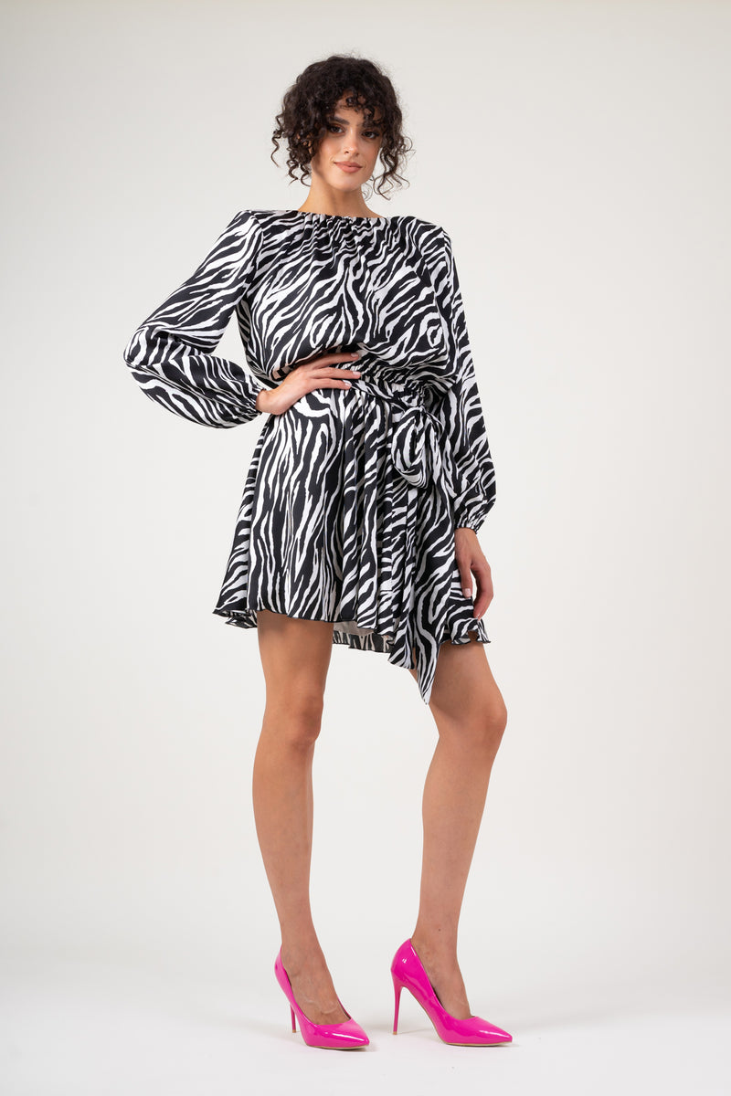 Zebra print dress with oversized shoulders