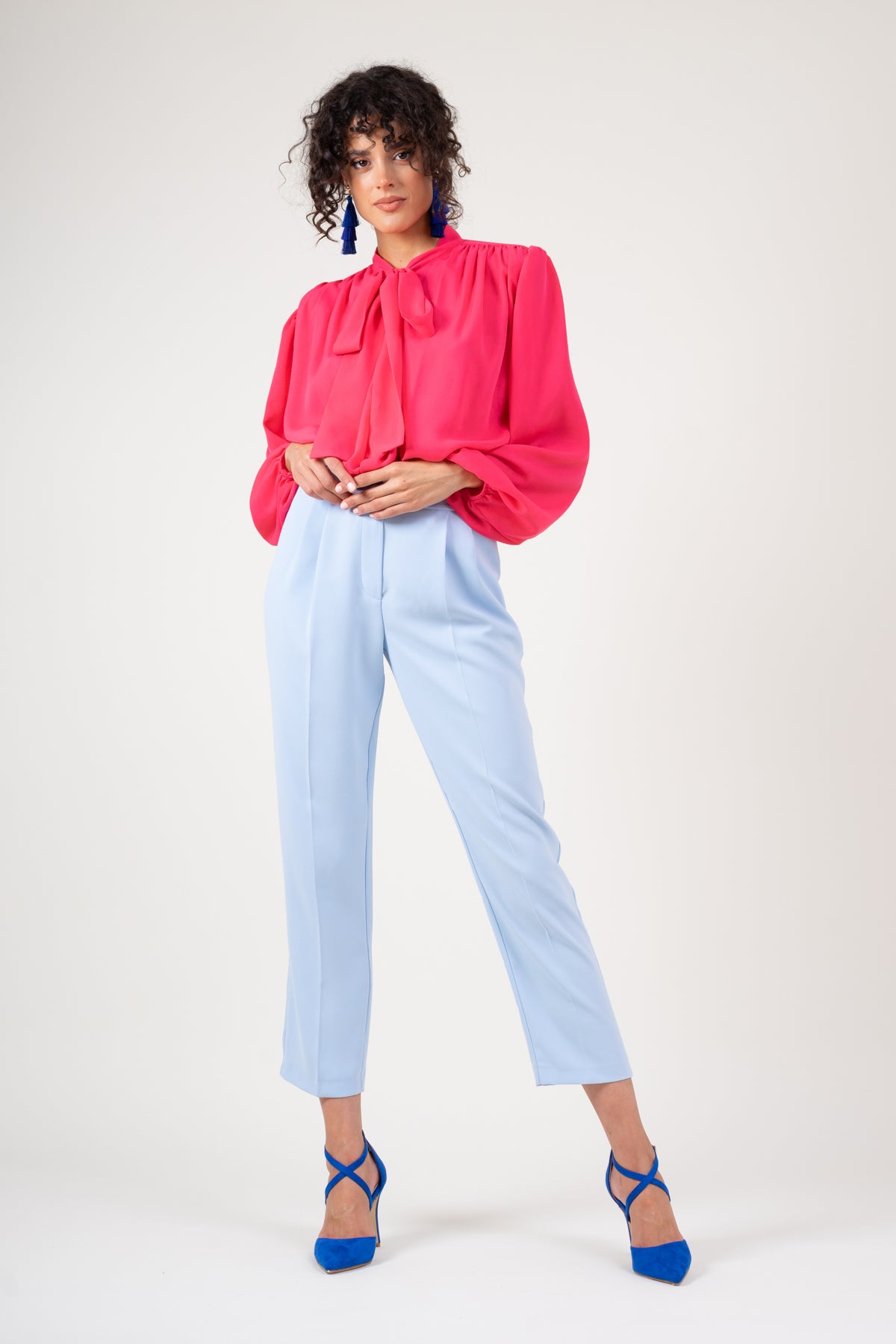 Pink chiffon blouse with draped shoulders & bow ribbon