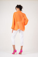 Orange chiffon blouse with draped shoulders & bow ribbon
