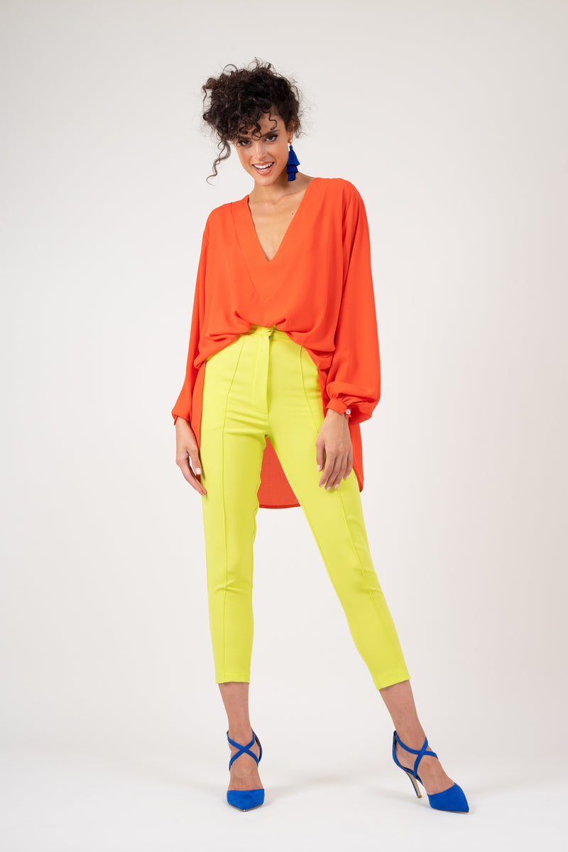 Neon yellow trousers with piping effect