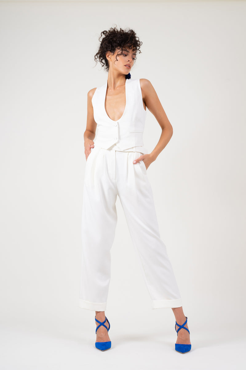 White suit with vest and cropped trousers