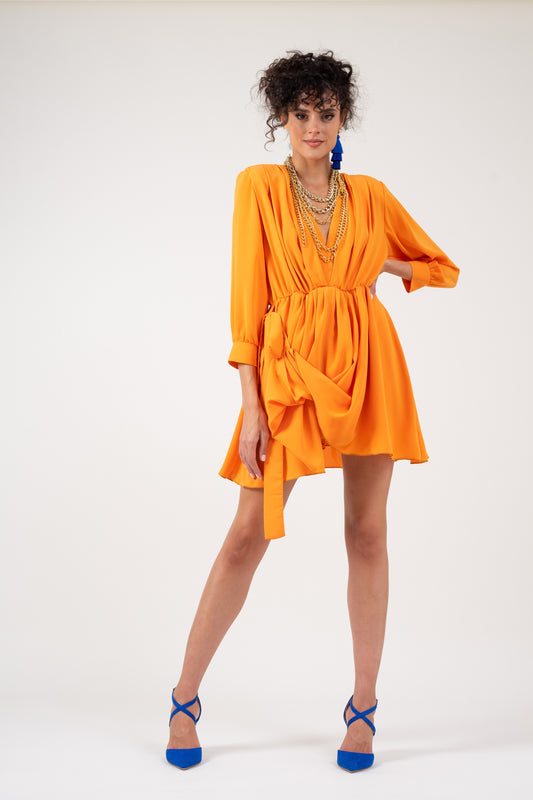 Orange dress with adjustable draping