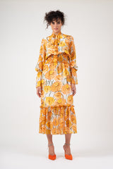 Maxi dress with orange printed flowers