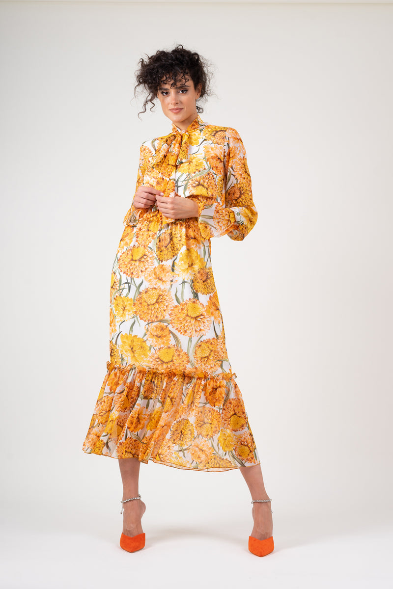 Rochie maxi din voal printat cu flori portocalii