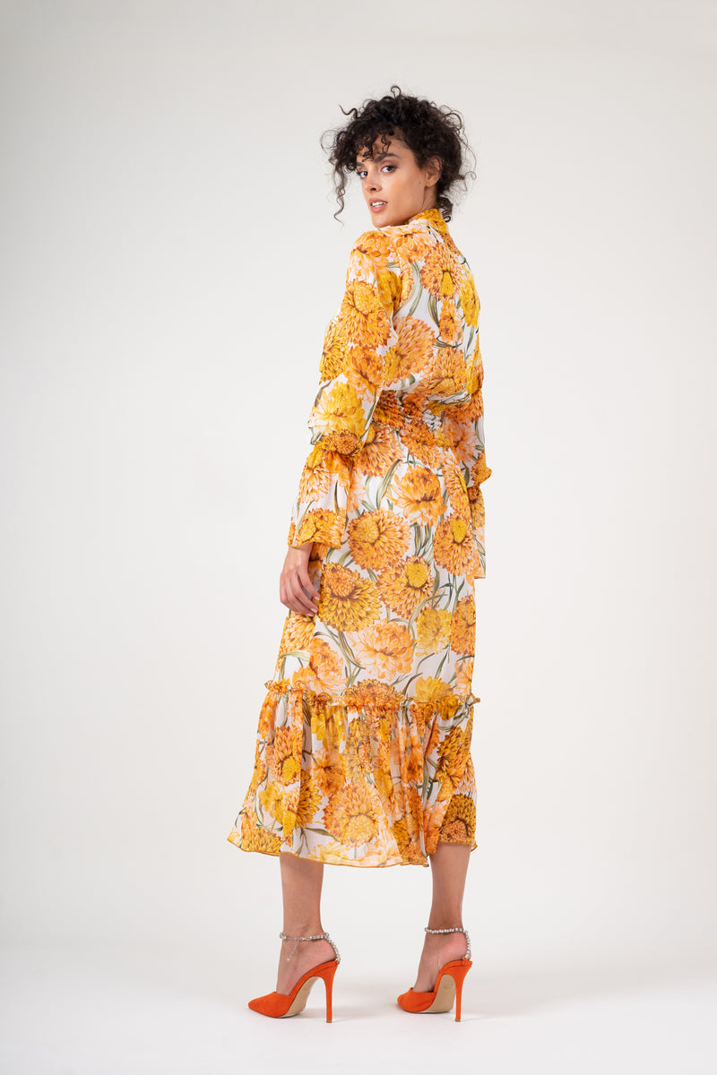 Maxi dress with orange printed flowers