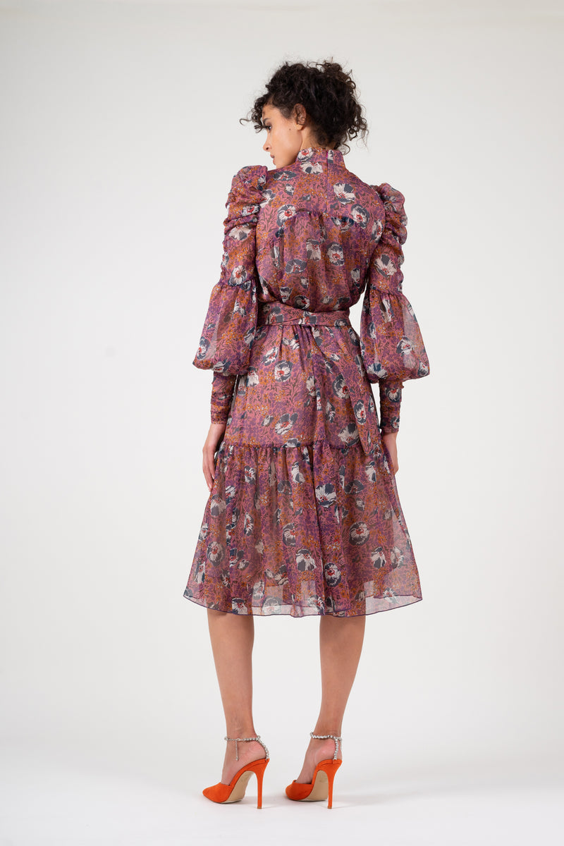 Floral printed midi dress with ruched sleeves