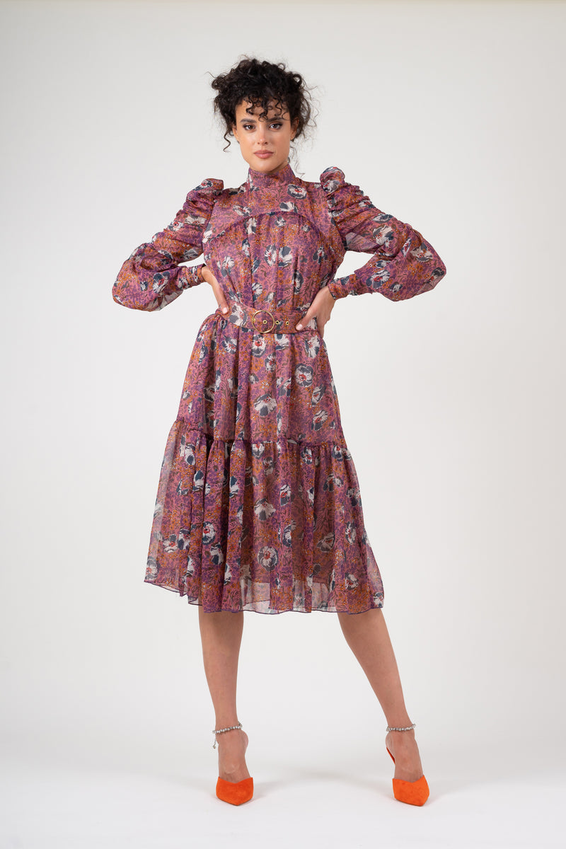 Floral printed midi dress with ruched sleeves