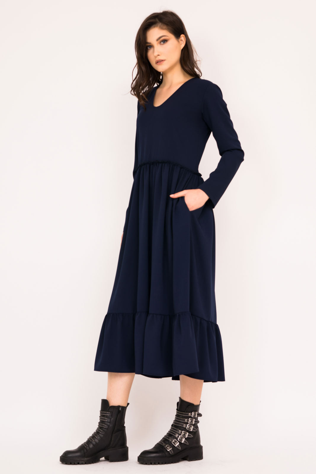 Rochie navy evazata cu buzunare