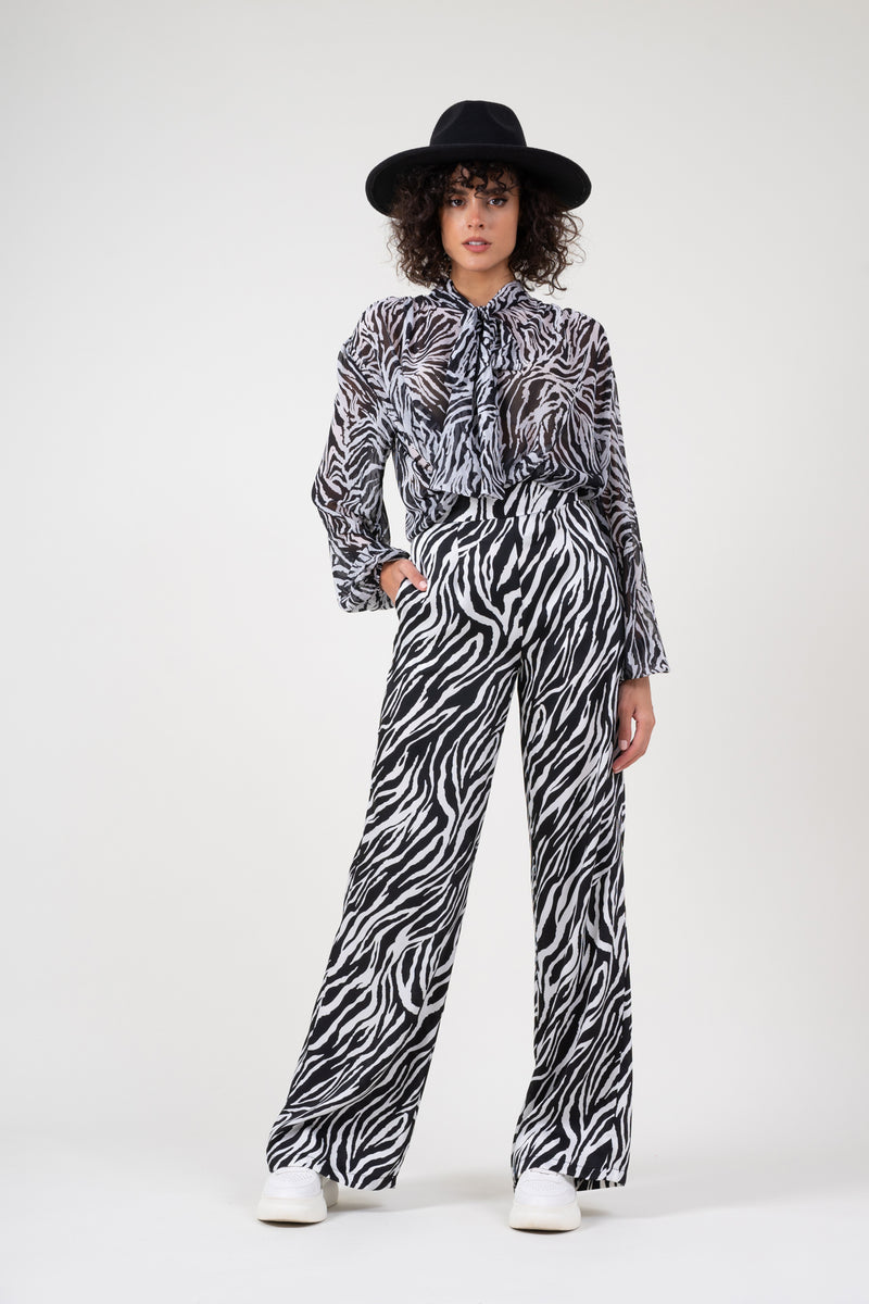Pantalon wide leg din print zebrat