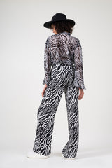 Zebra chiffon blouse with draped shoulders & bow ribbon