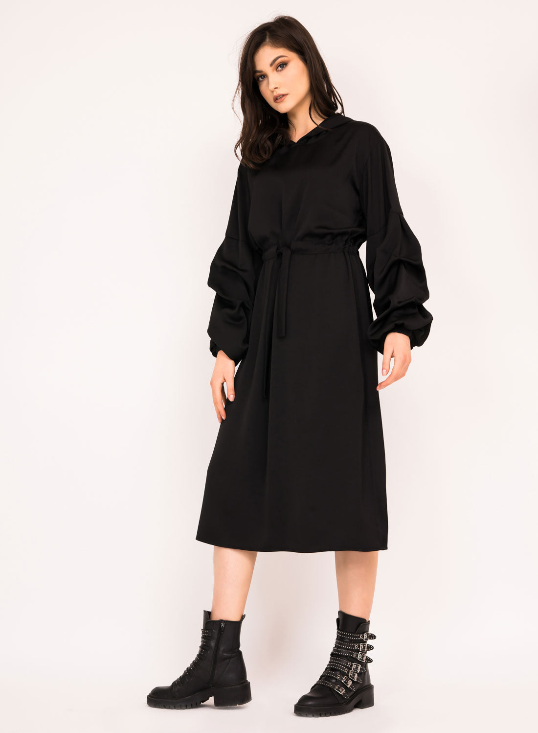 Rochie midi cu maneci bufante si snur in talie