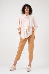 Nude chiffon blouse with draped shoulders & bow ribbon