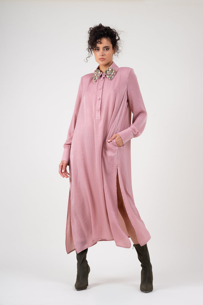 Flared Pink Shirt Dress With Embellishment
