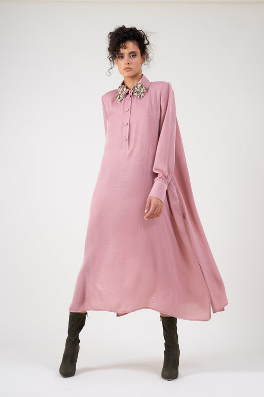 Flared Pink Shirt Dress With Embellishment