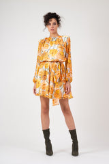 Yellow flowers printed dress with oversized shoulders