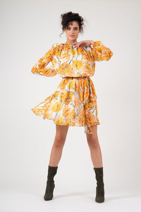 Yellow flowers printed dress with oversized shoulders