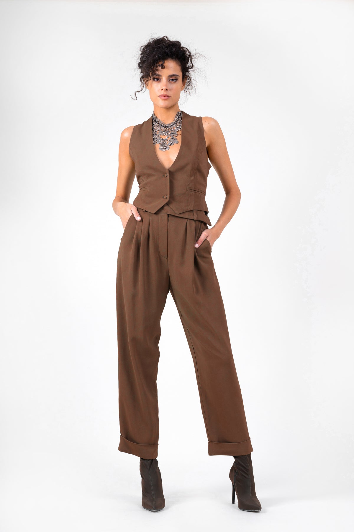 Brown suit with vest and cropped trousers