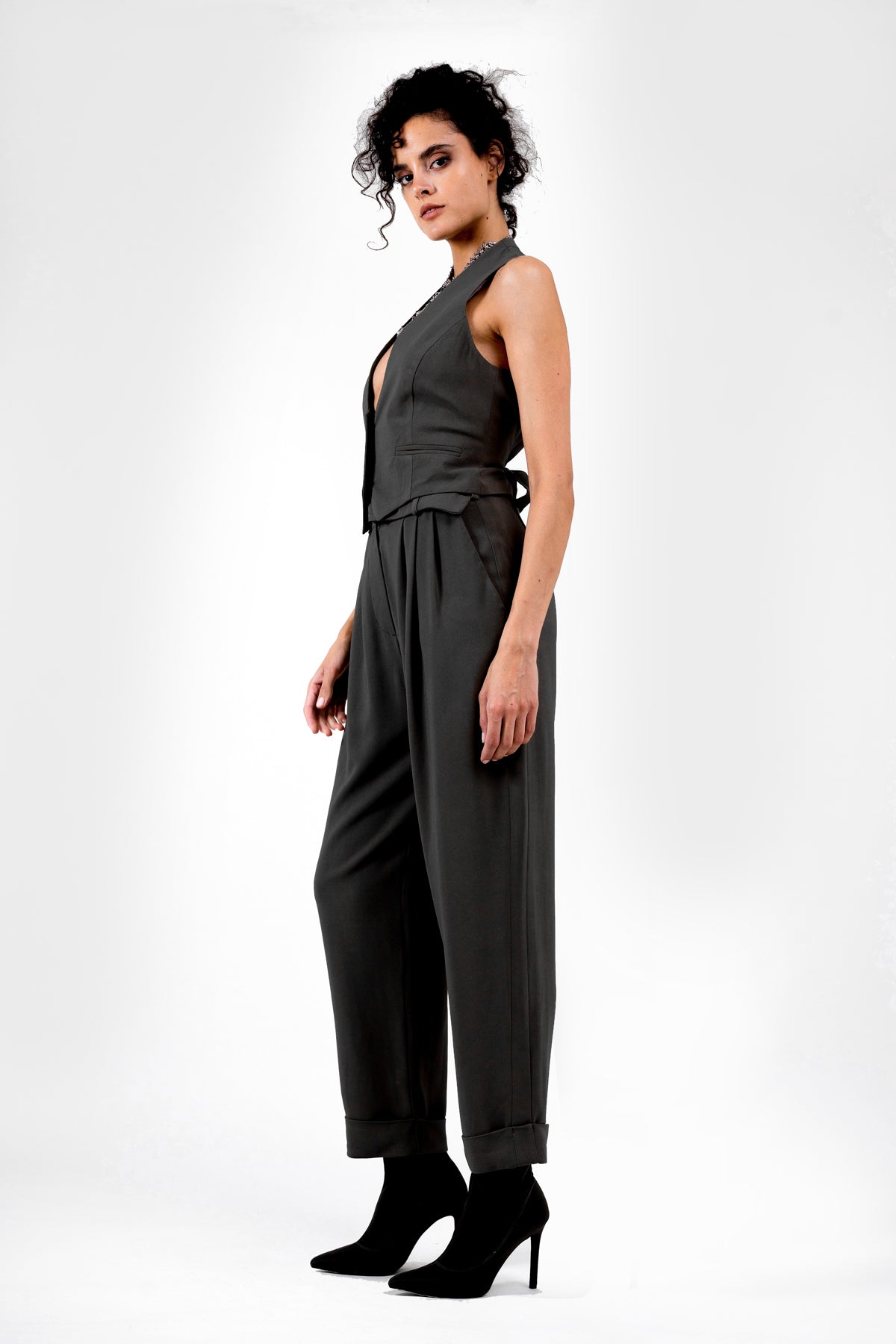 Black suit with vest and cropped trousers