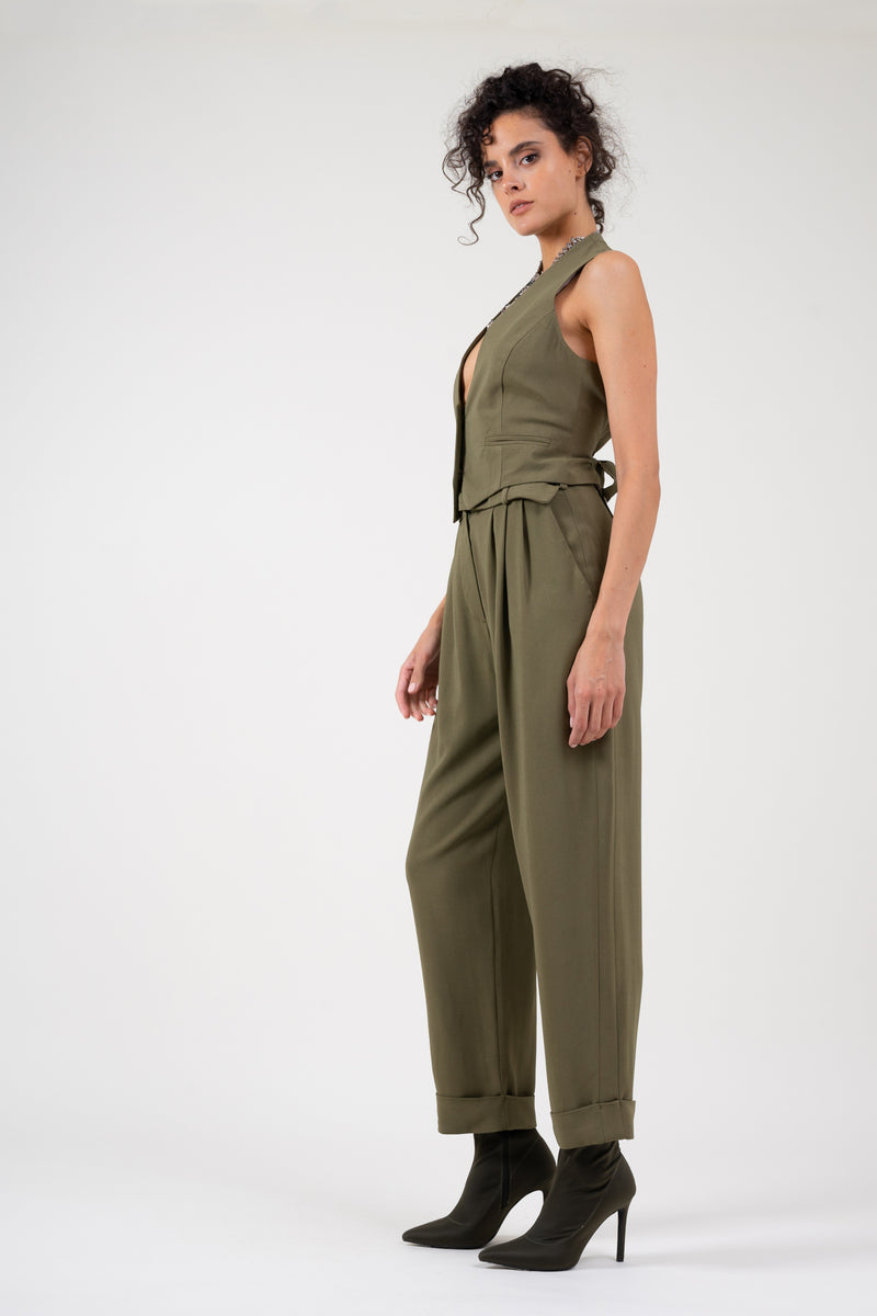 Khaki suit with vest and cropped trousers