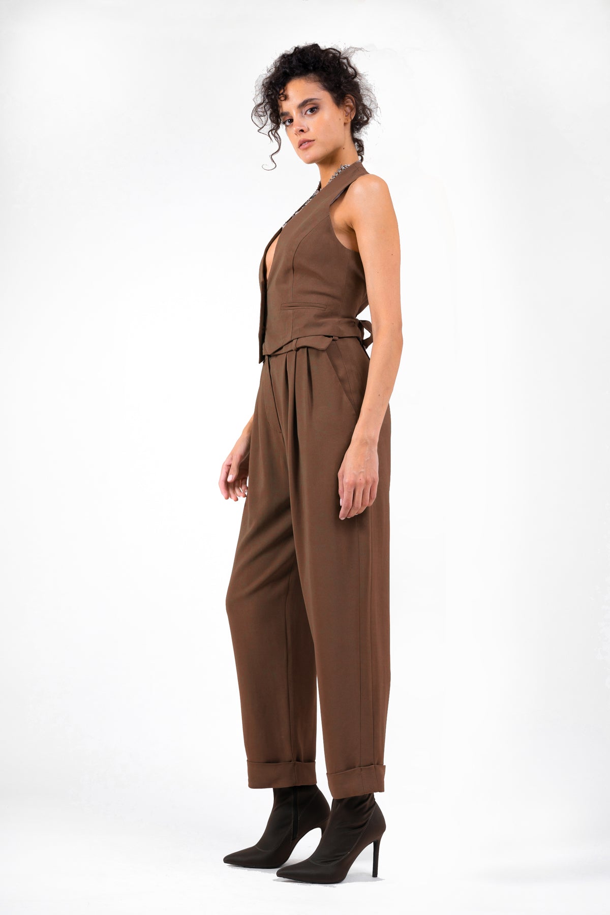 Brown suit with vest and cropped trousers