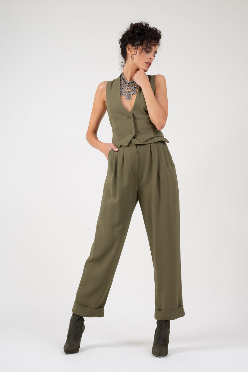 Khaki suit with vest and cropped trousers