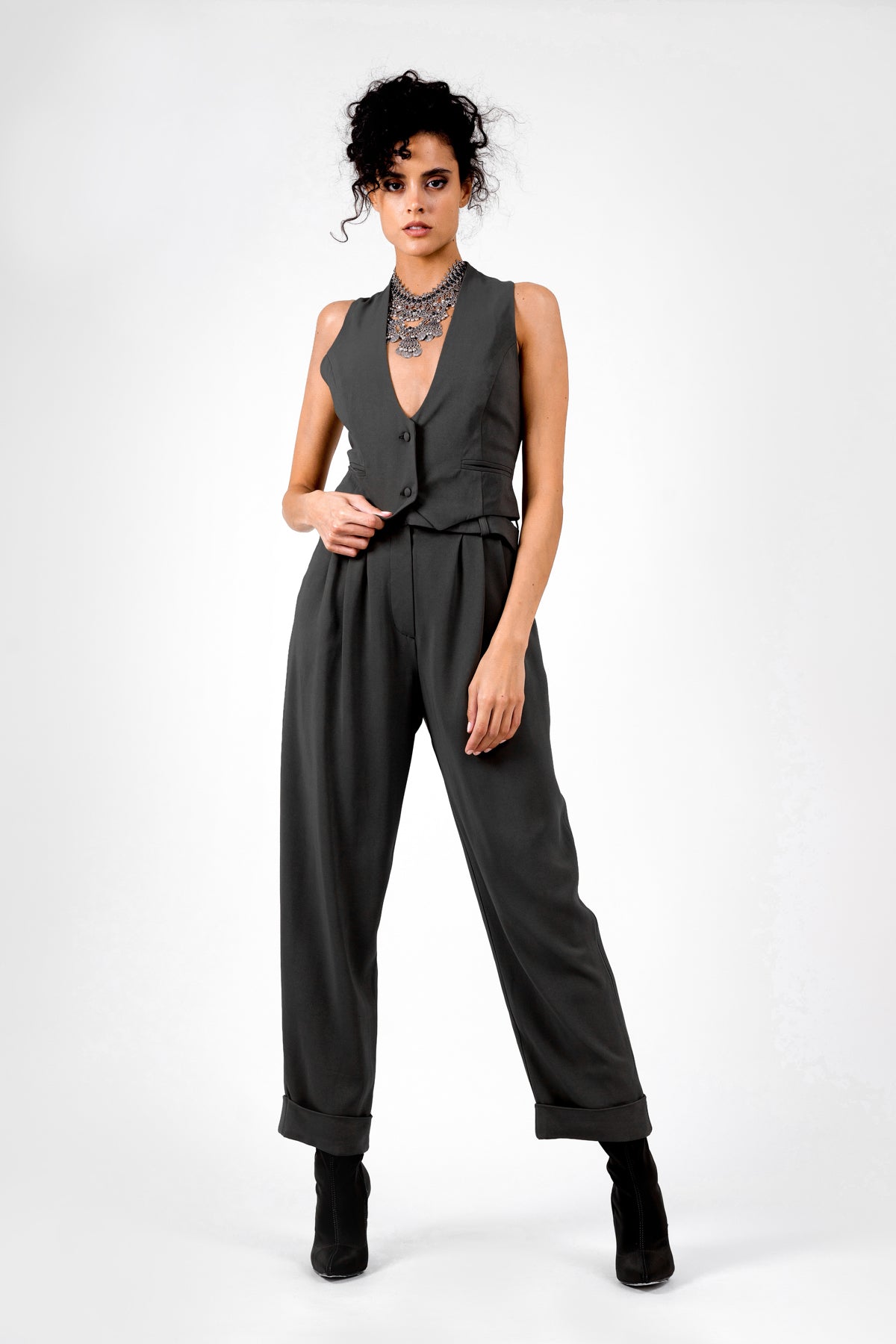 Black suit with vest and cropped trousers