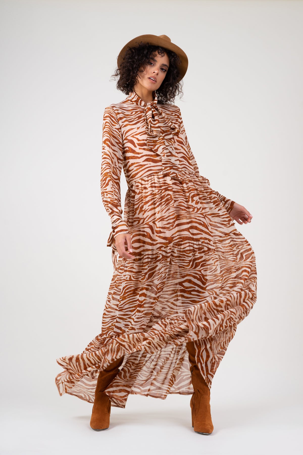 Long zebra print gathered dress with tie cuffs