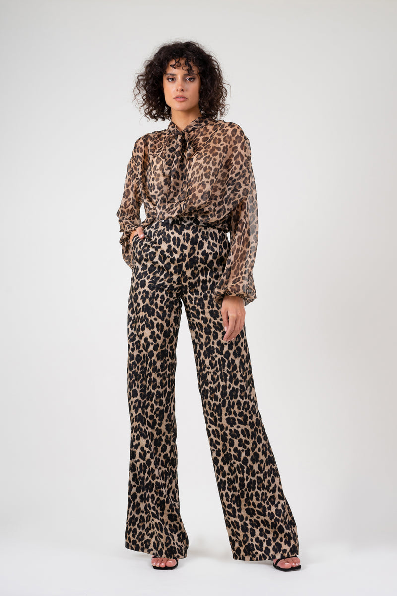 Leopard chiffon blouse with draped shoulders & bow ribbon