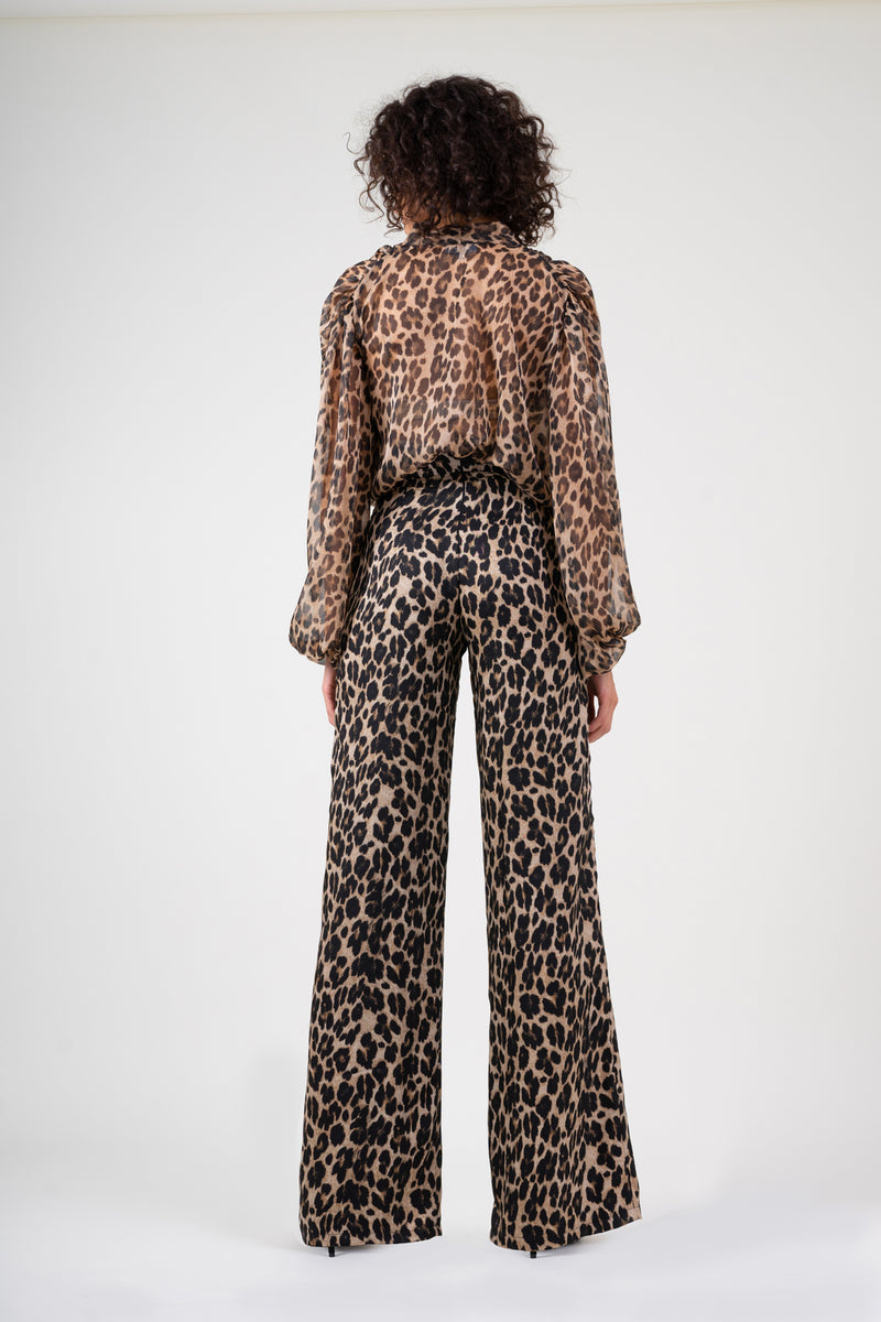 Leopard chiffon blouse with draped shoulders & bow ribbon