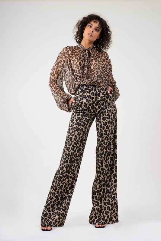 Leopard chiffon blouse with draped shoulders & bow ribbon