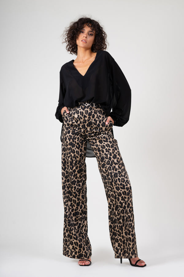 Pantalon wide leg din print leopardat