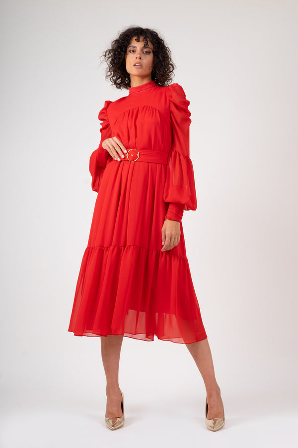 Red midi dress with ruched sleeves