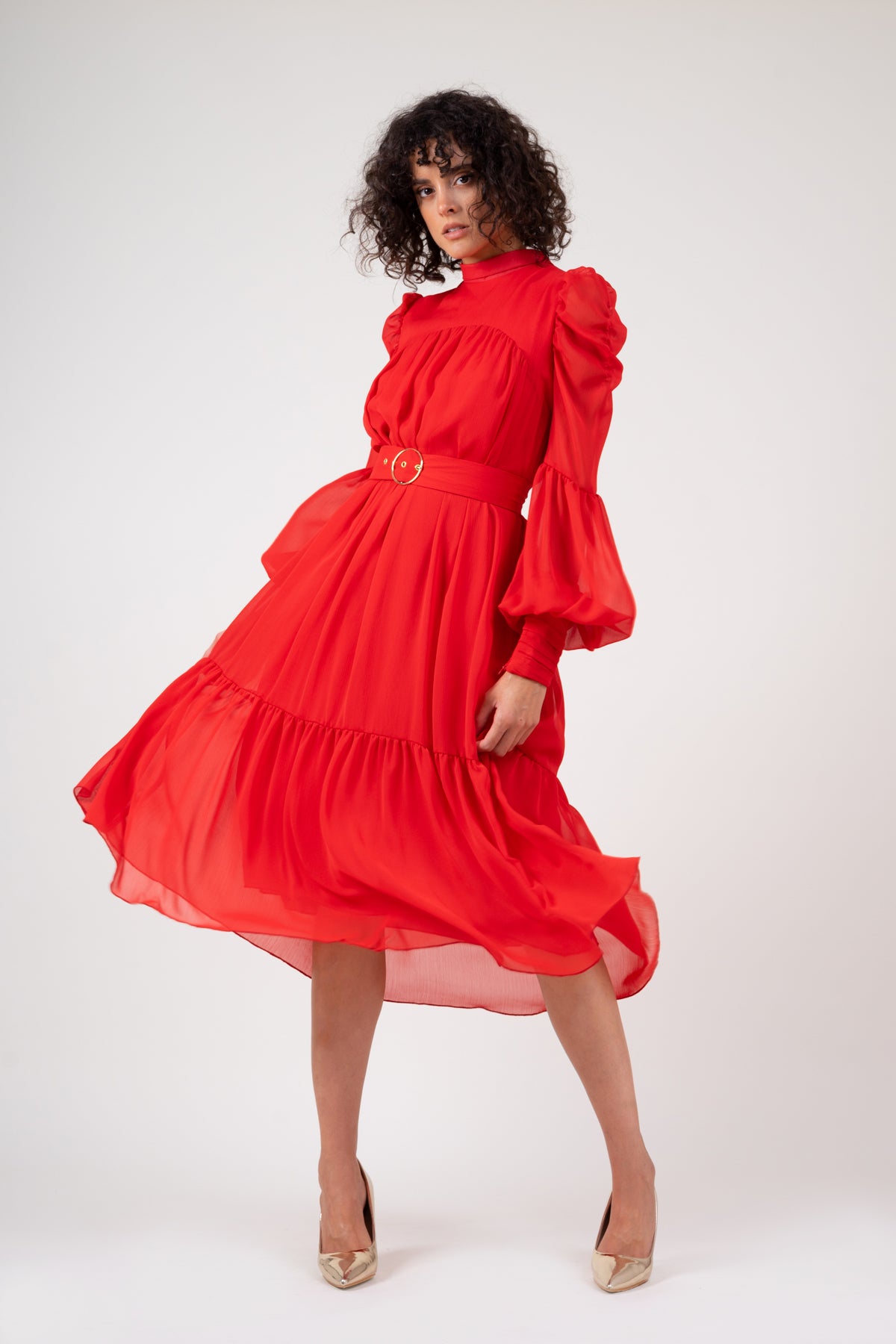 Red midi dress with ruched sleeves