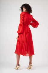Red midi dress with ruched sleeves